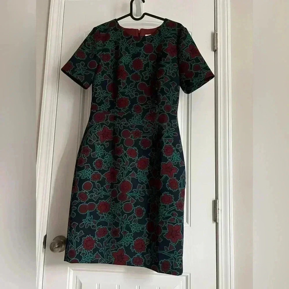 J.Crew Factory Blue Burgundy Floral Print Short Sleeve Sheath Dress Size 6 - Picture 6 of 7
